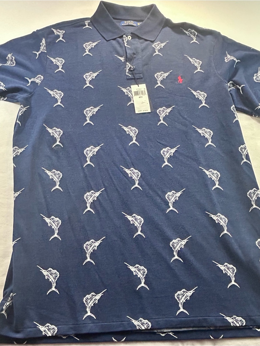 Polo by Ralph Lauren Navy Polo with White Marlin Pattern and Red Pony